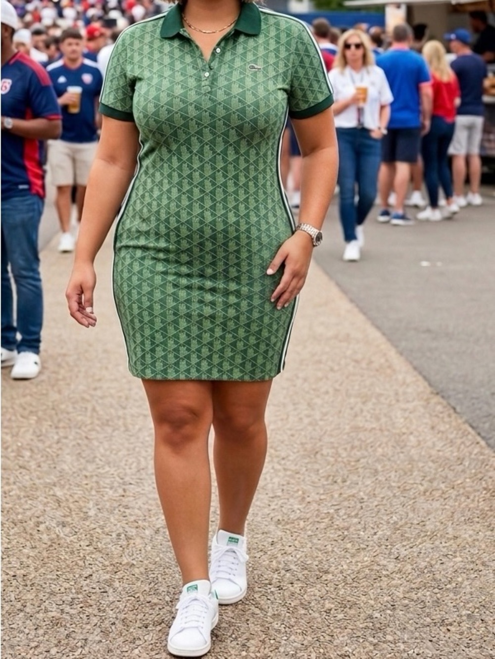 Lacoste Green Geometric Polo Mini Dress with Contrast Trim